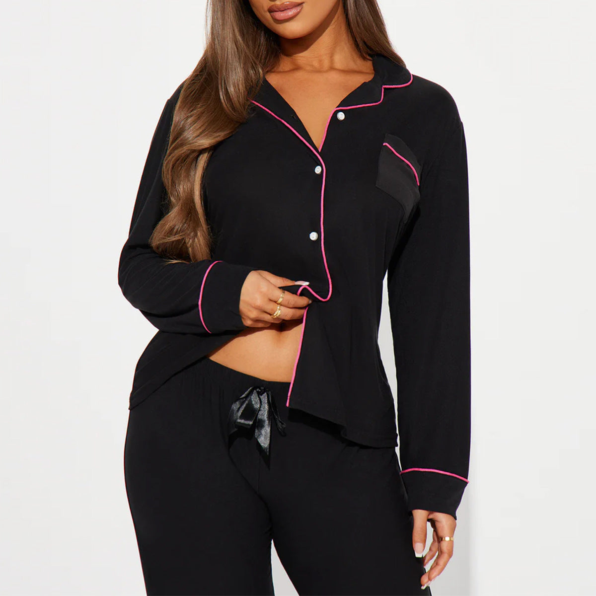 Women’s Black Long Sleeve Pajama Set – Two-Piece Loungewear Outfit with Contrast Piping