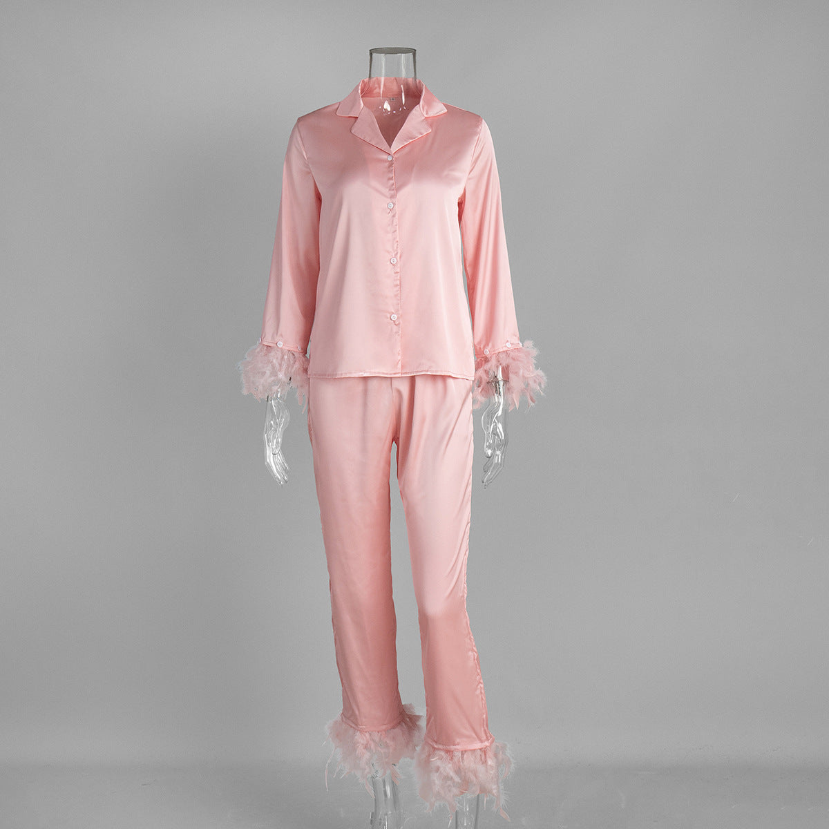 Women’s Pink Satin Pajama Set with Feather Trim – Elegant Long Sleeve Top and Pants