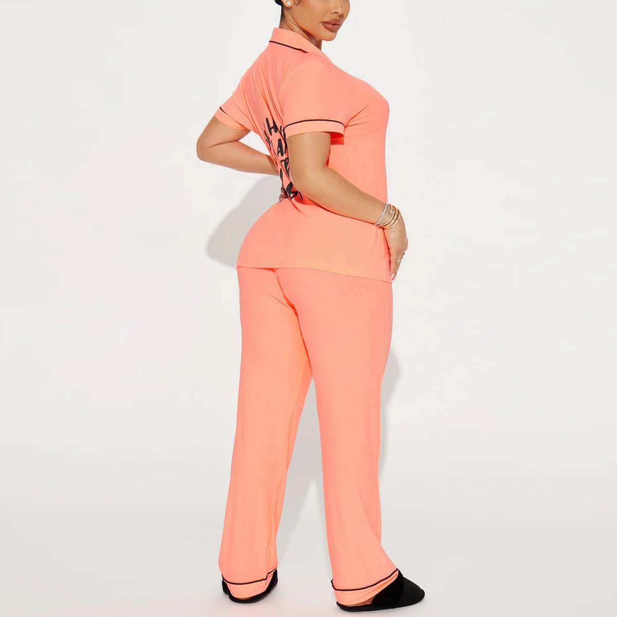 Women’s Orange Short Sleeve Pajama Set with Button Down Top and Long Pants
