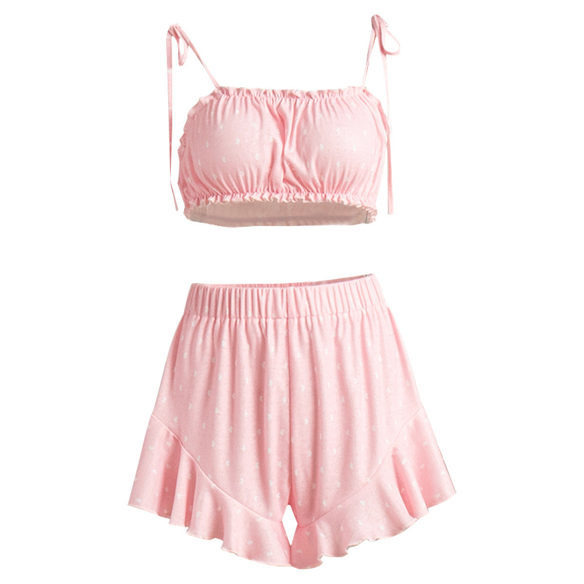 Women’s Pink Spaghetti Strap Pajama Set – Summer Loungewear Two-Piece Outfit (Crop Top + Ruffle Shorts)