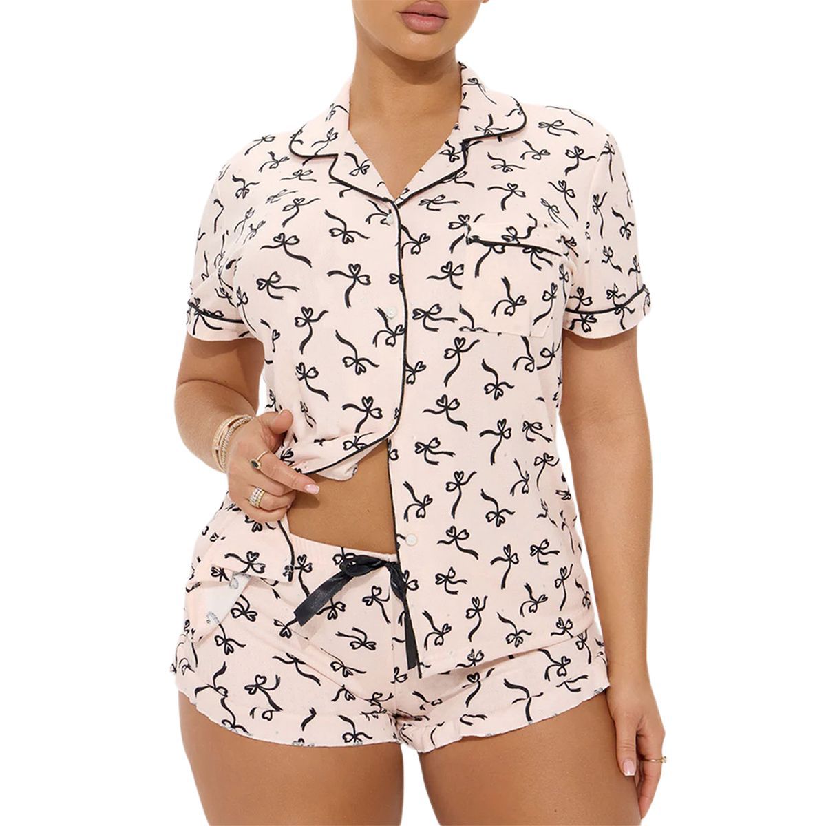 Women’s Light Pink Pajama Set – Short Sleeve Top & Shorts with Bow Print (Summer Loungewear Two-Piece)