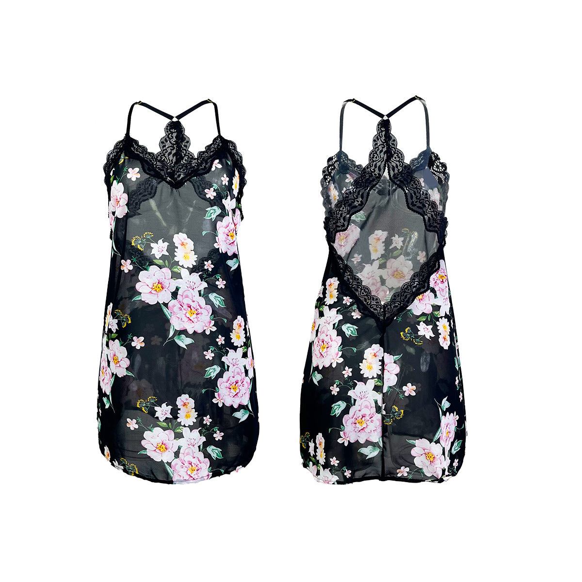 Floral Lace Mesh Sheer Cami Dress – Sexy Slim Nightdress
