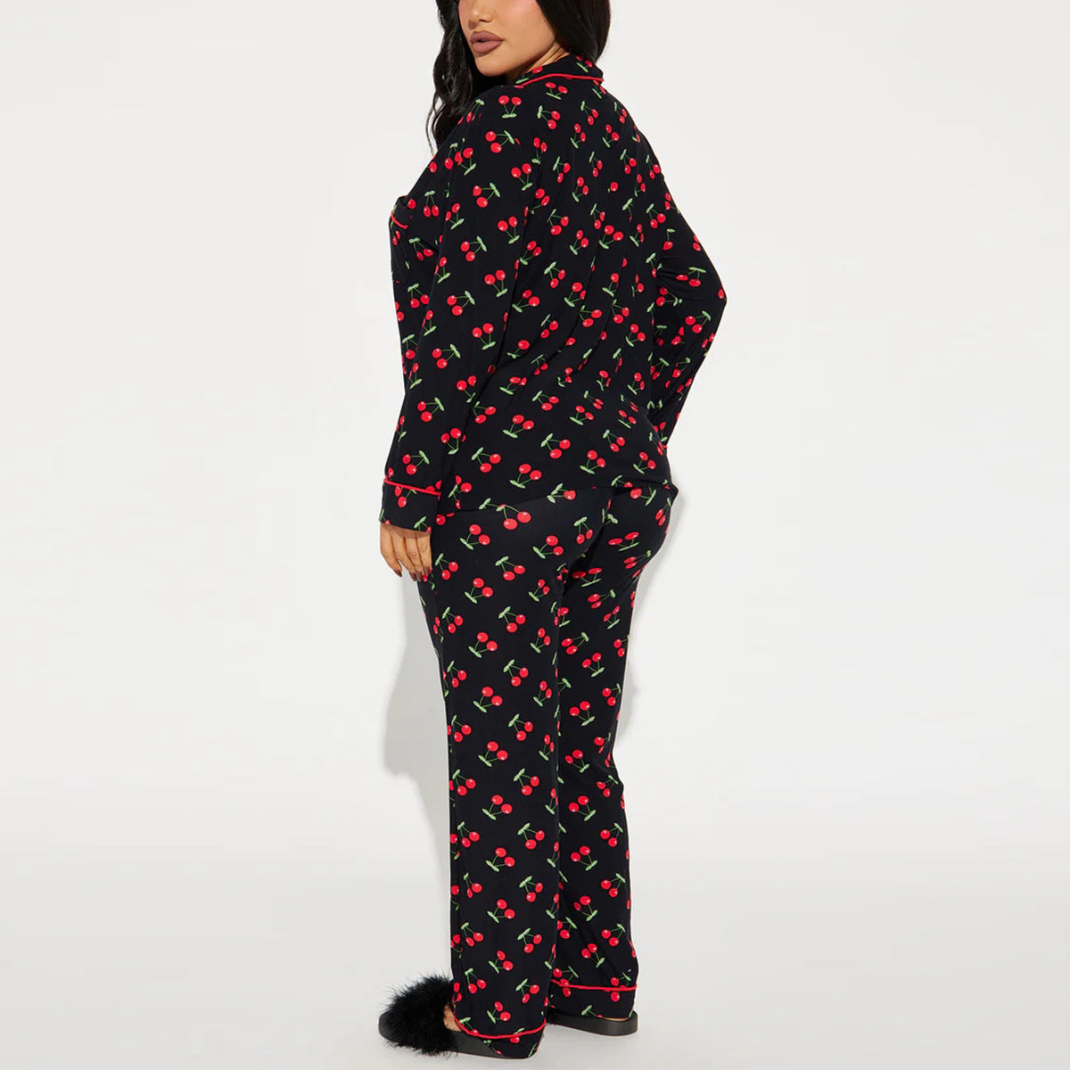 Women’s Black Cherry Print Pajama Set with Long Sleeve Button Down Top and Pants