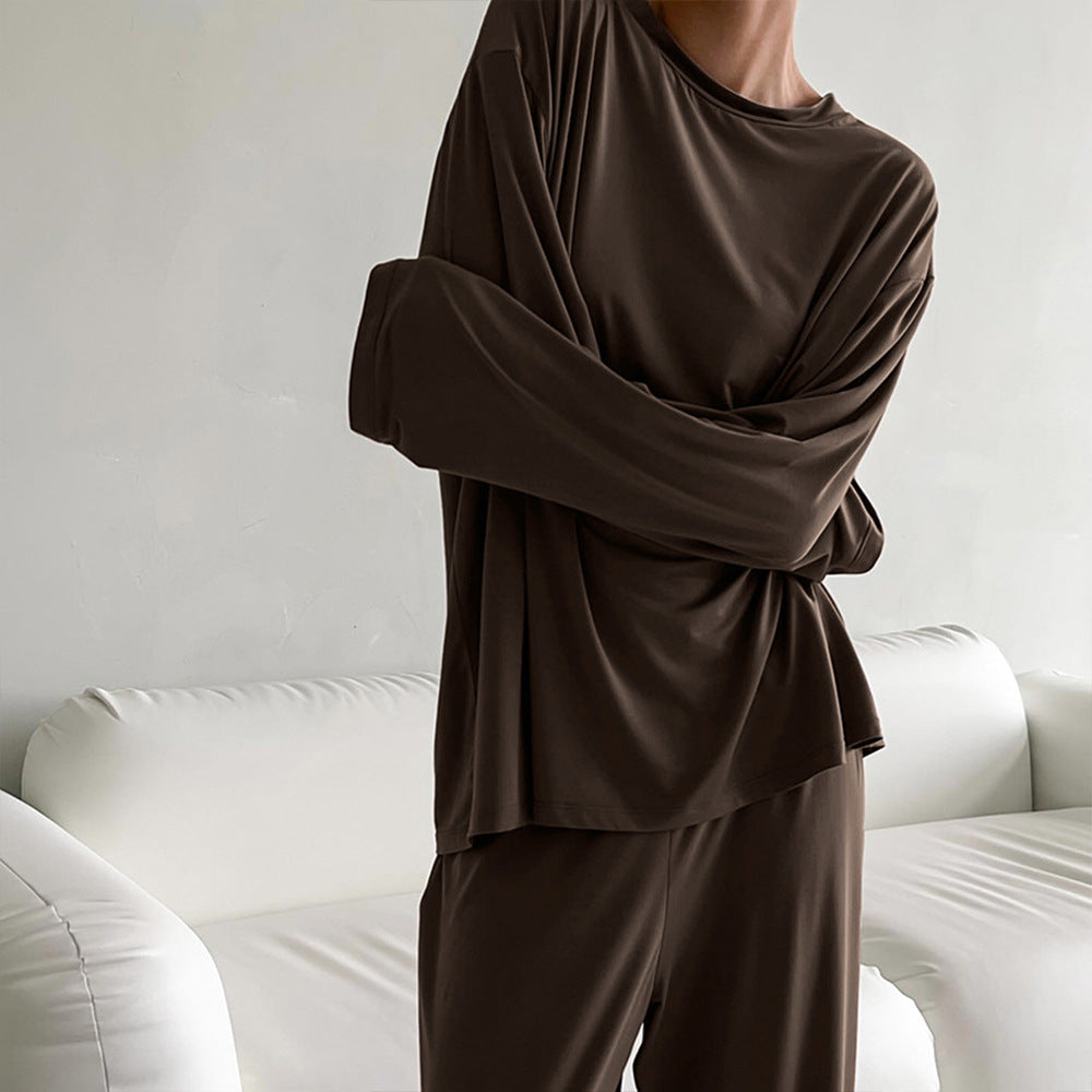 Women’s Coffee Color Long Sleeve Pajama Set – Minimalist Loungewear Two-Piece Outfit (Top + Pants)