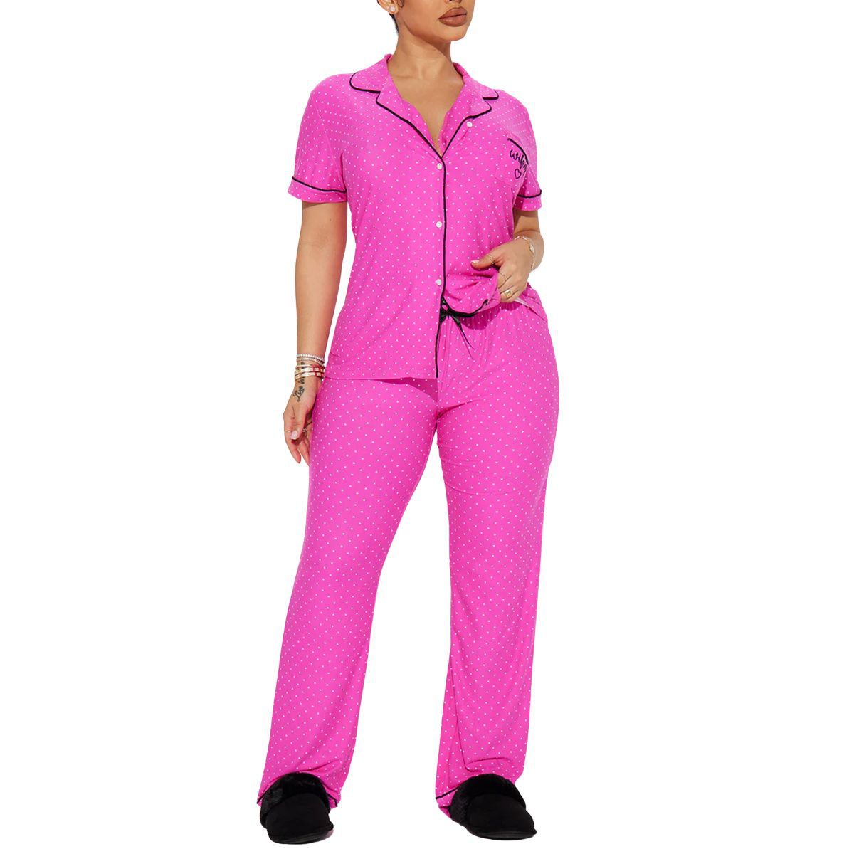 Women’s Hot Pink Polka Dot Pajama Set – Short Sleeve Top & Long Pants Two-Piece Loungewear