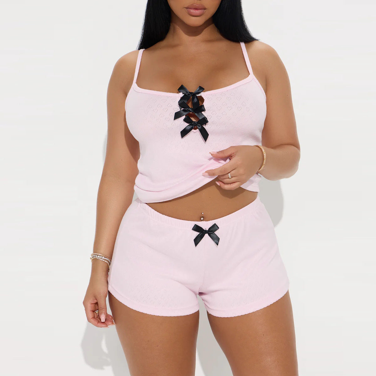 Women’s Pink Bowknot Cami Top and Shorts Pajama Set – Summer Loungewear