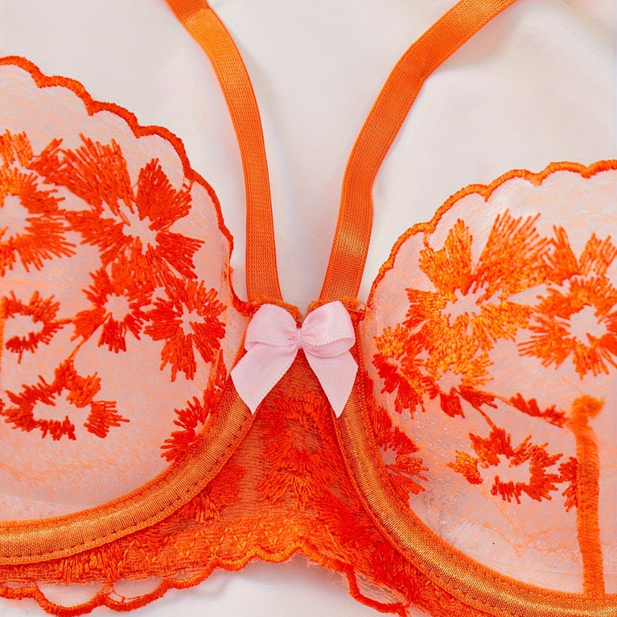 Orange Lace Lingerie 3-Piece Set – Bra, Thong & Garter Belt