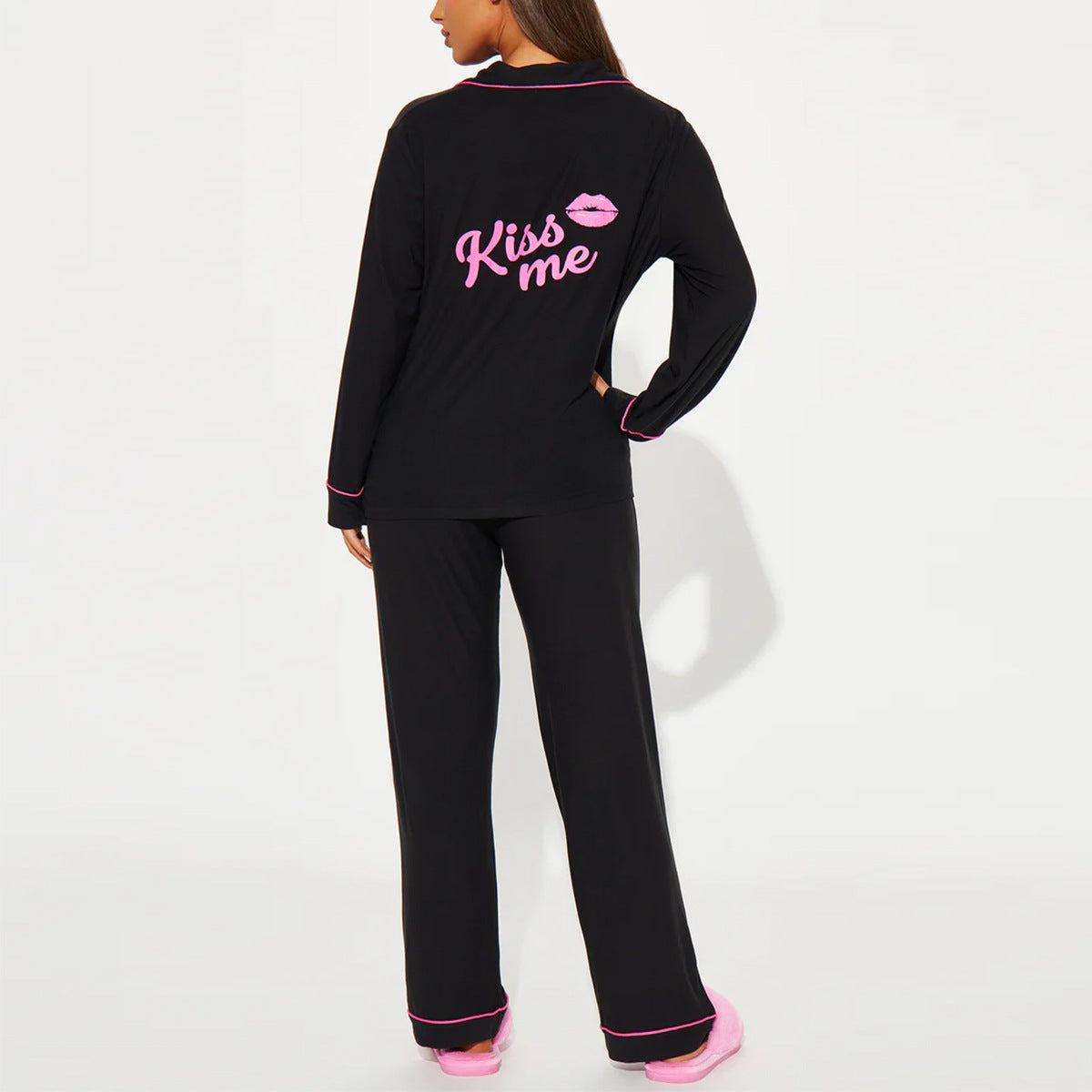 Women’s Black Long Sleeve Pajama Set – Two-Piece Loungewear Outfit with Contrast Piping