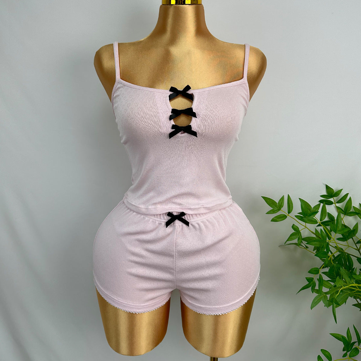 Women’s Pink Bowknot Cami Top and Shorts Pajama Set – Summer Loungewear