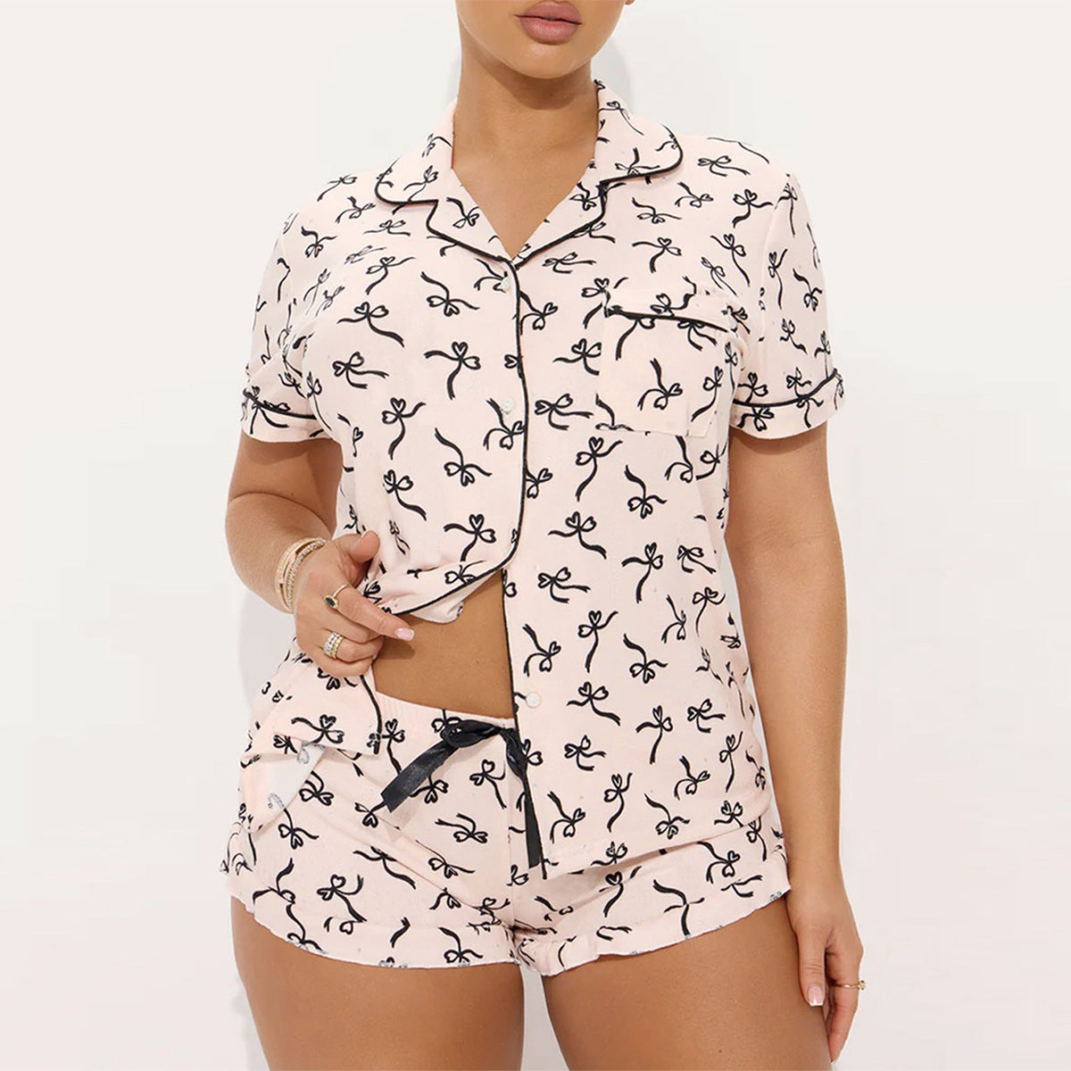 Women’s Light Pink Pajama Set – Short Sleeve Top & Shorts with Bow Print (Summer Loungewear Two-Piece)