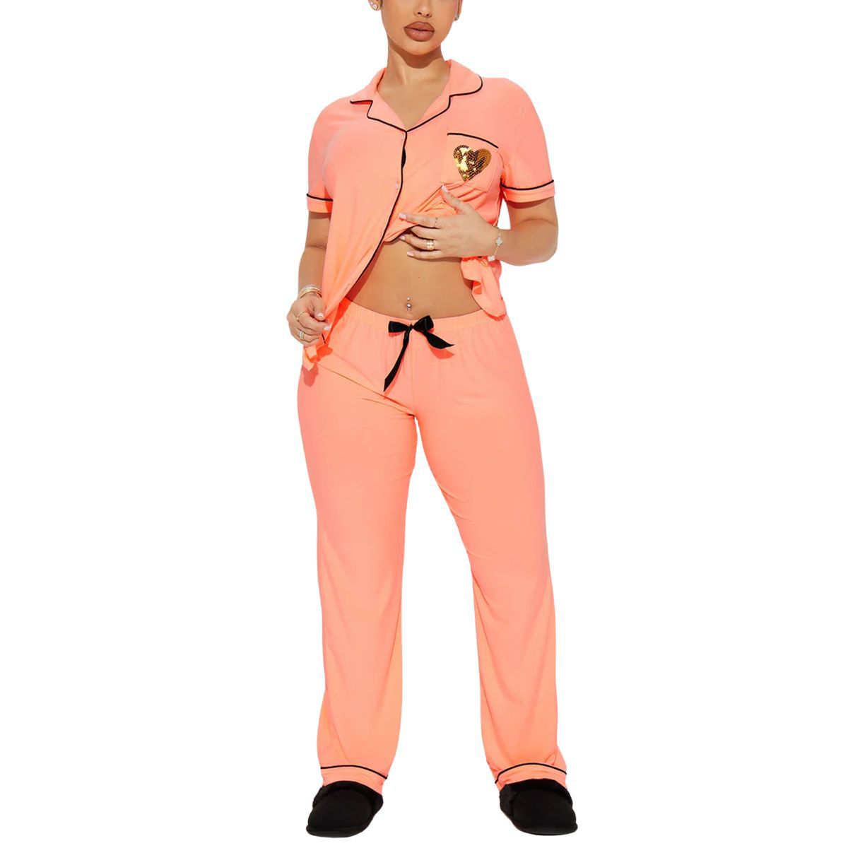 Women’s Orange Short Sleeve Pajama Set with Button Down Top and Long Pants