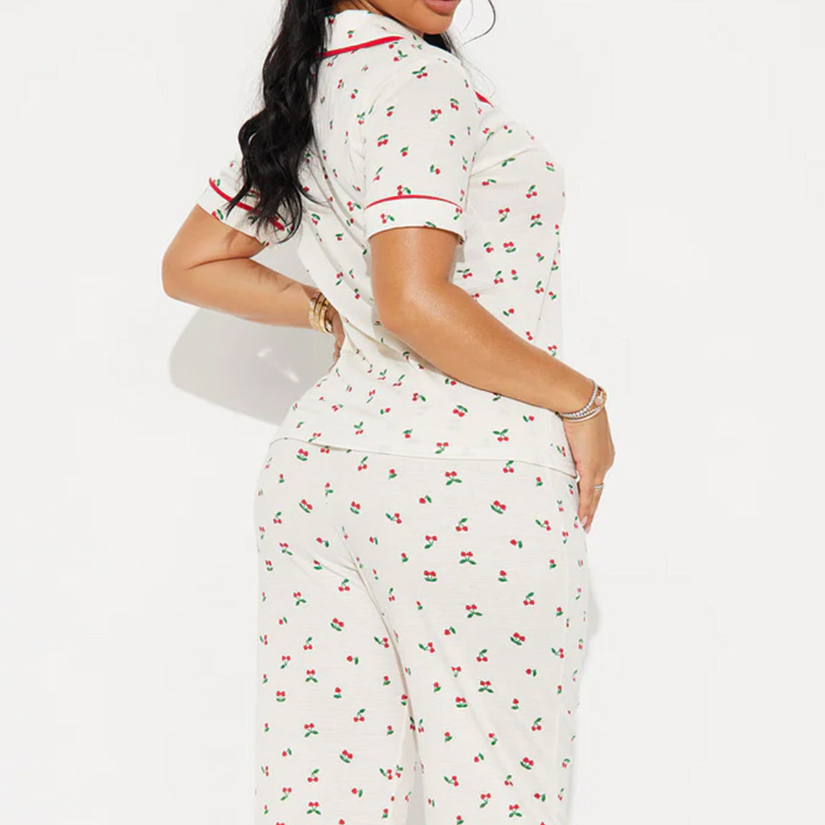 Women’s White Pajama Set with Cherry Print Short Sleeve Top and Long Pants