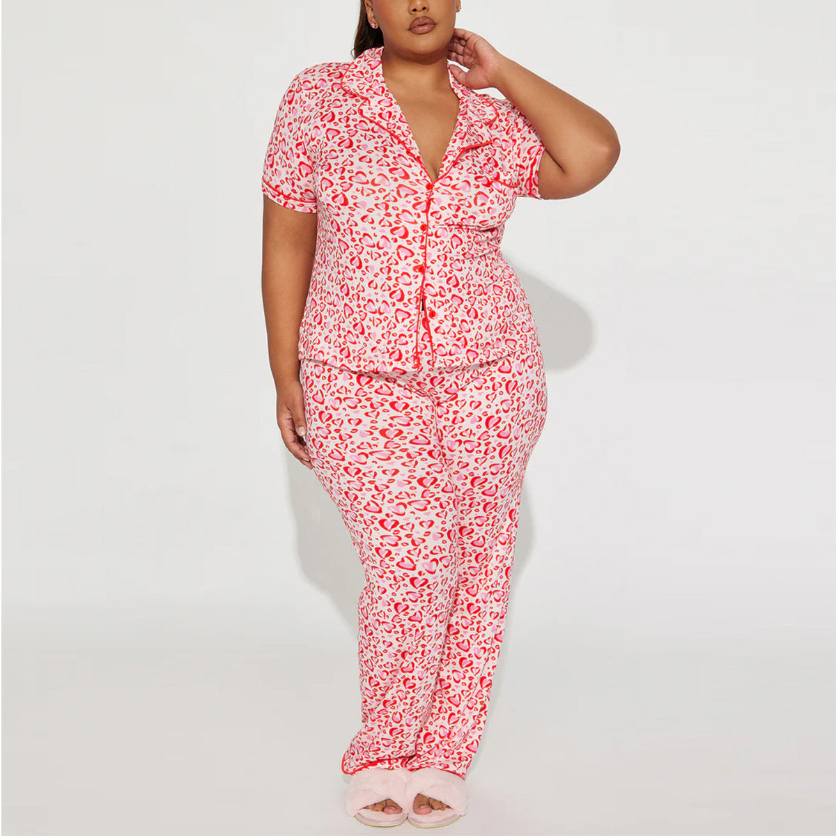 Women’s Red and White Printed Pajama Set with Short Sleeve Top and Long Pants