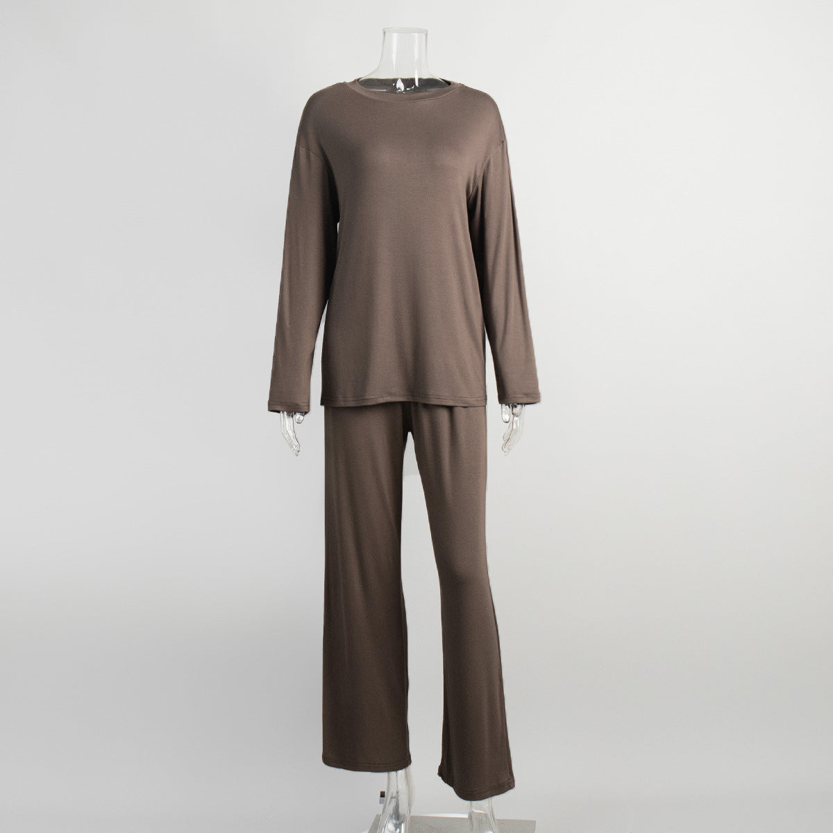 Women’s Coffee Color Long Sleeve Pajama Set – Minimalist Loungewear Two-Piece Outfit (Top + Pants)
