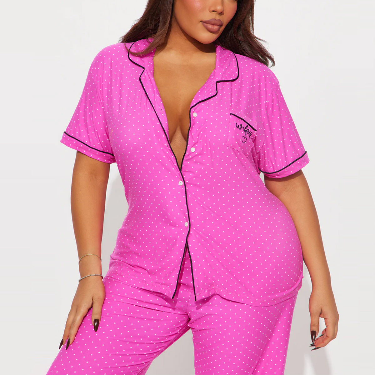 Women’s Hot Pink Polka Dot Pajama Set – Short Sleeve Top & Long Pants Two-Piece Loungewear