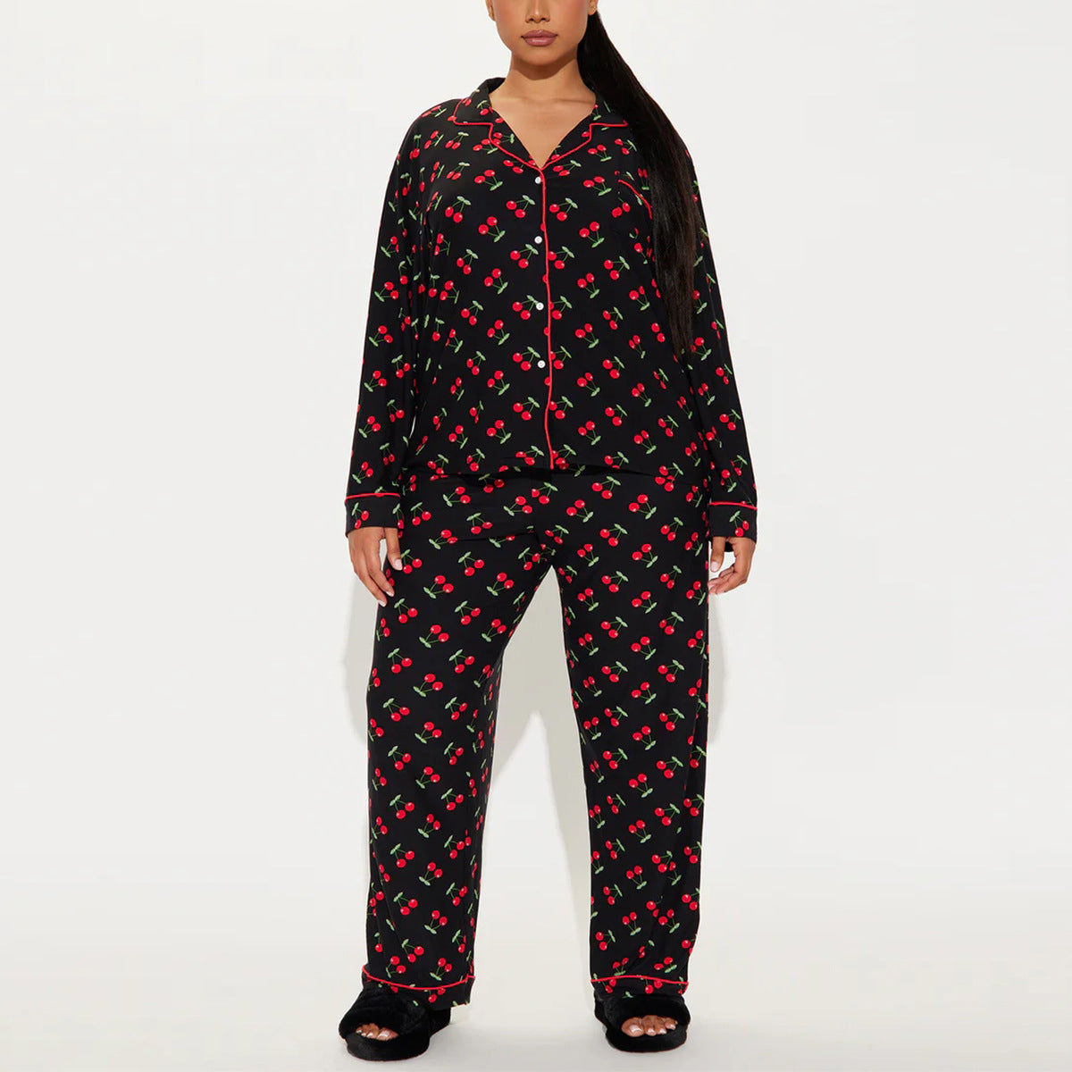 Women’s Black Cherry Print Pajama Set with Long Sleeve Button Down Top and Pants