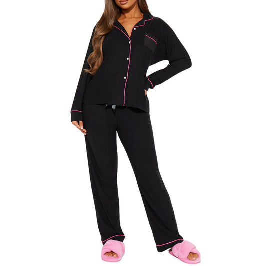 Women’s Black Long Sleeve Pajama Set – Two-Piece Loungewear Outfit with Contrast Piping