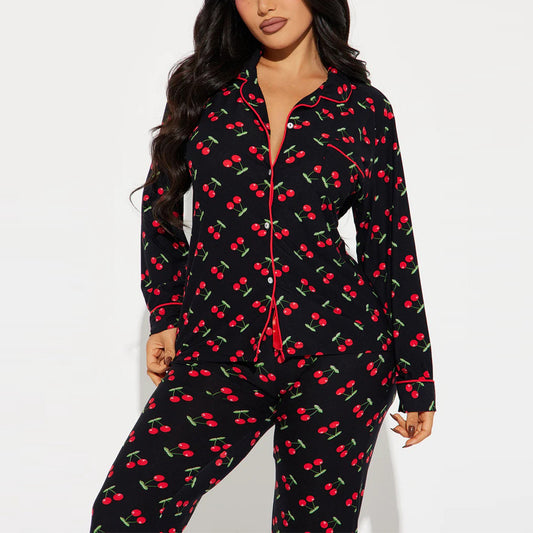 Women’s Black Cherry Print Pajama Set with Long Sleeve Button Down Top and Pants