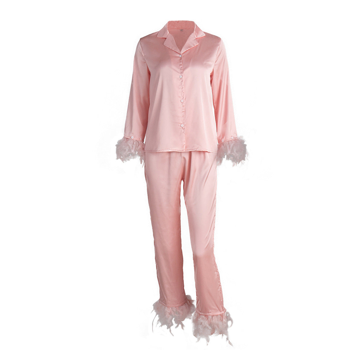 Women’s Pink Satin Pajama Set with Feather Trim – Elegant Long Sleeve Top and Pants