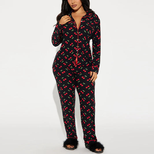 Women’s Black Cherry Print Pajama Set with Long Sleeve Button Down Top and Pants