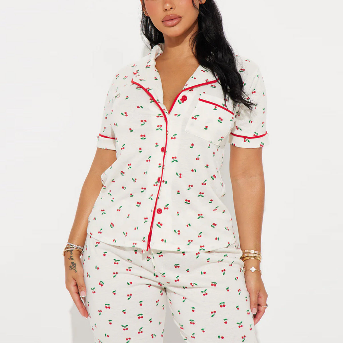 Women’s White Pajama Set with Cherry Print Short Sleeve Top and Long Pants