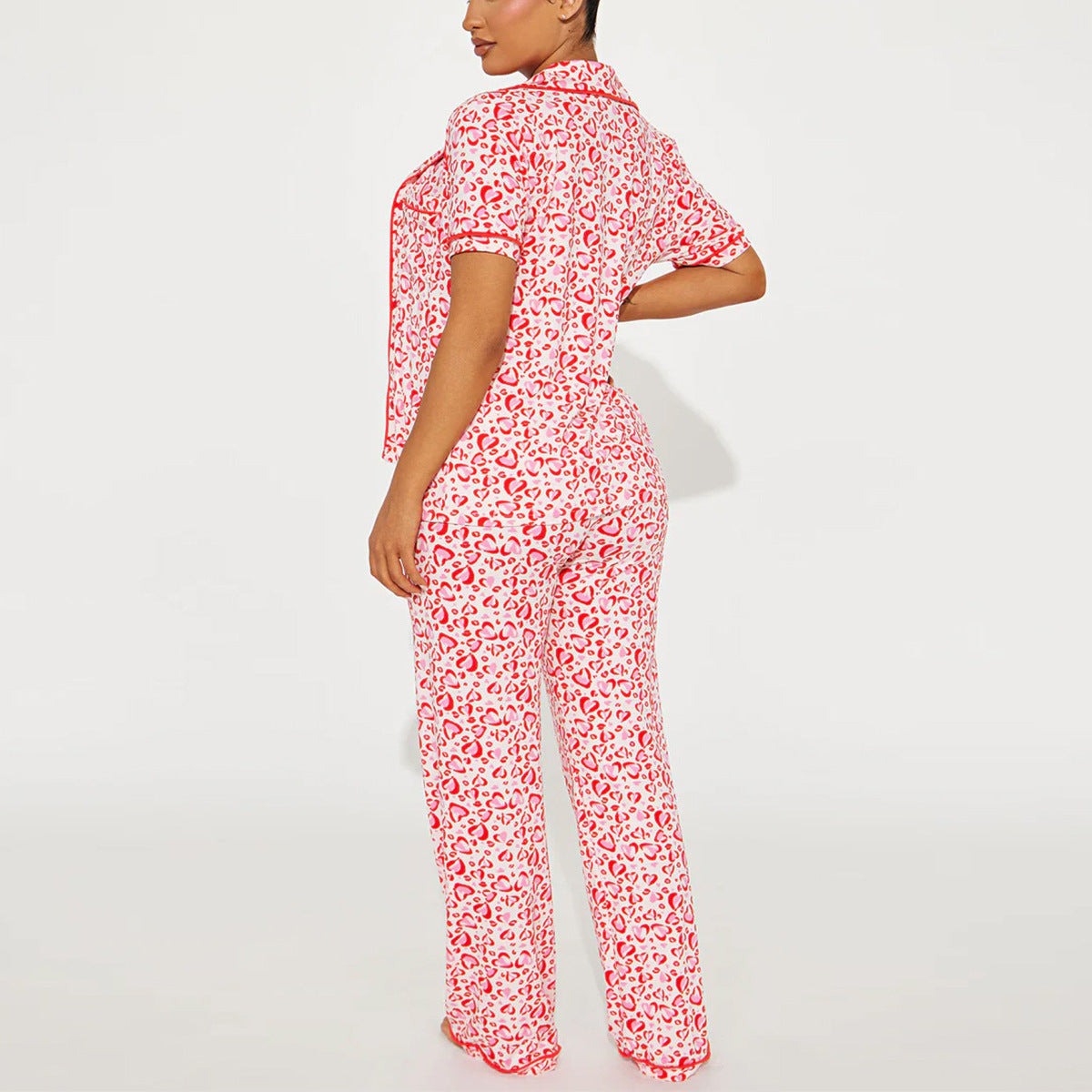 Women’s Red and White Printed Pajama Set with Short Sleeve Top and Long Pants