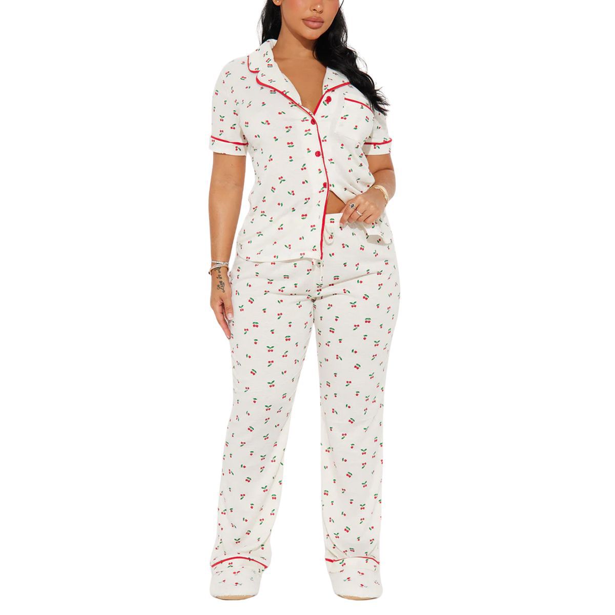 Women’s White Pajama Set with Cherry Print Short Sleeve Top and Long Pants