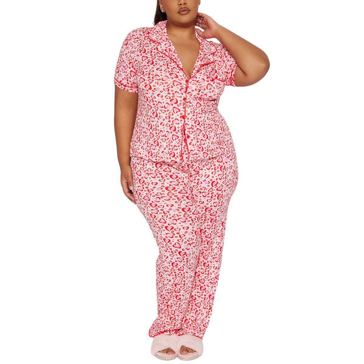 Women’s Red and White Printed Pajama Set with Short Sleeve Top and Long Pants