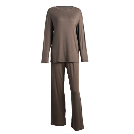 Women’s Coffee Color Long Sleeve Pajama Set – Minimalist Loungewear Two-Piece Outfit (Top + Pants)