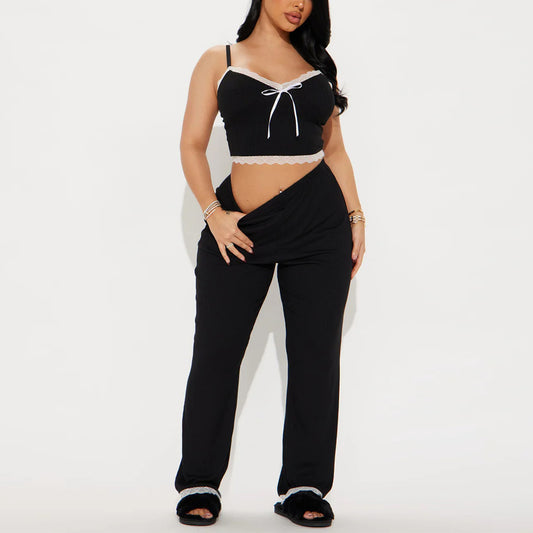 Women’s Black Lace Trim Cami Top and Long Pants Pajama Set – 2 Piece Loungewear