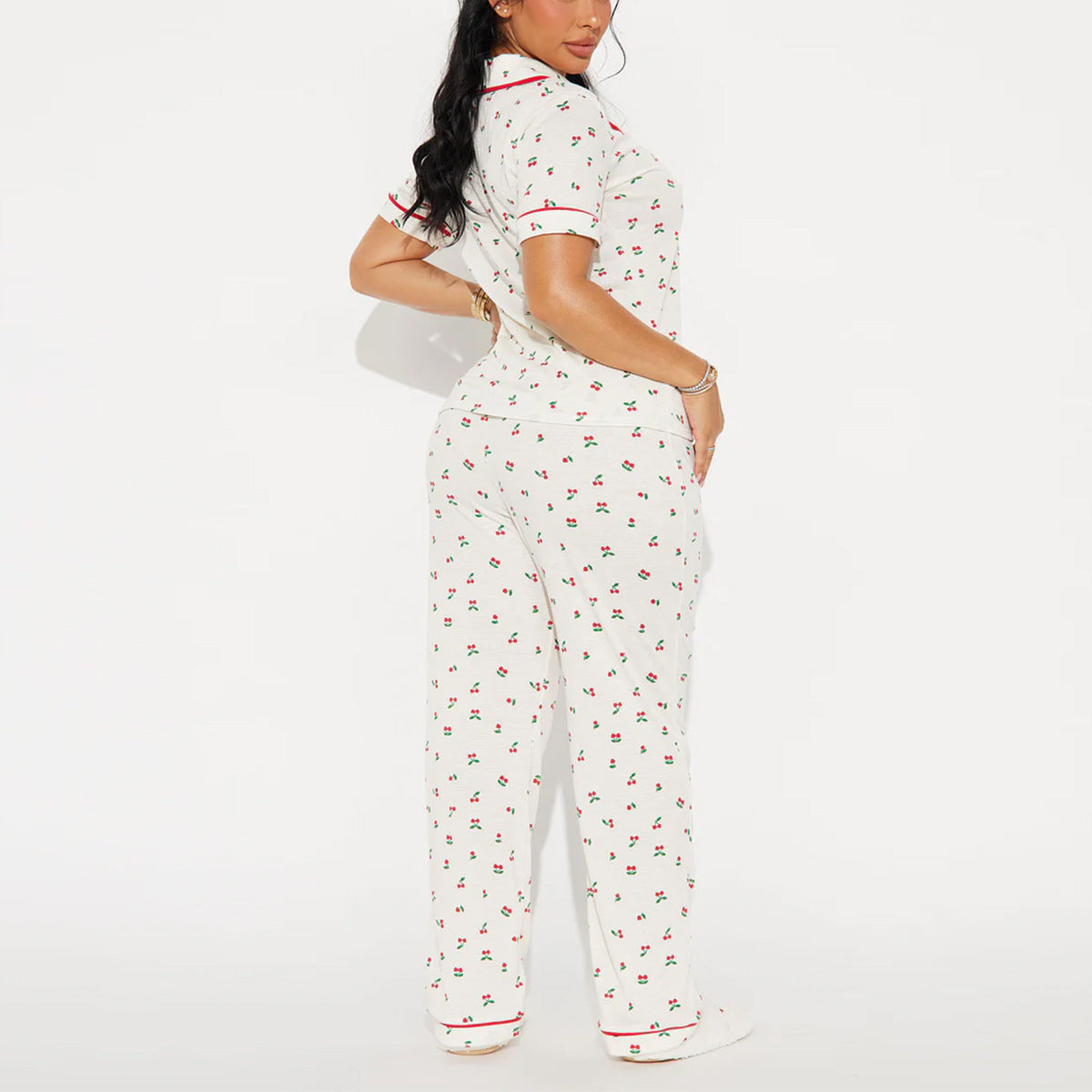Women’s White Pajama Set with Cherry Print Short Sleeve Top and Long Pants