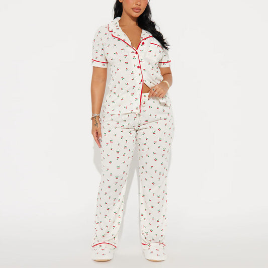 Women’s White Pajama Set with Cherry Print Short Sleeve Top and Long Pants