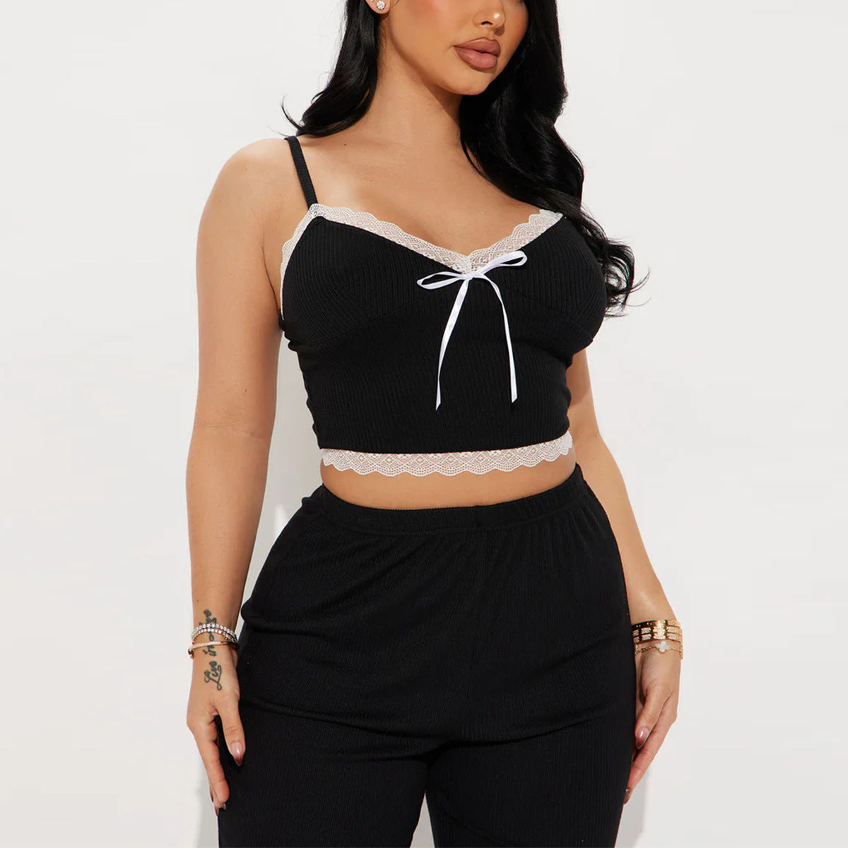 Women’s Black Lace Trim Cami Top and Long Pants Pajama Set – 2 Piece Loungewear