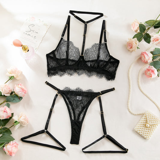 Black Lace 3-Piece Lingerie Set – Sexy Strappy Bra, Panty & Harness