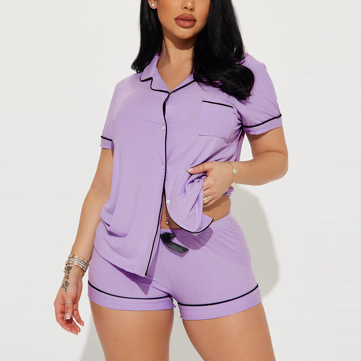 Women’s Purple Short Sleeve Pajama Set with Shorts – Summer Loungewear 2-Piece