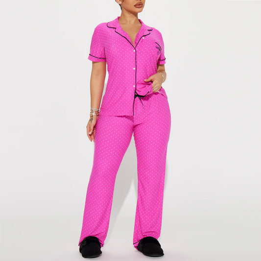 Women’s Hot Pink Polka Dot Pajama Set – Short Sleeve Top & Long Pants Two-Piece Loungewear