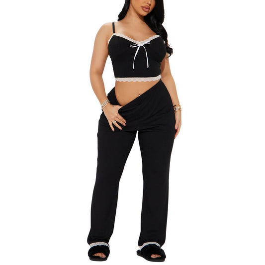 Women’s Black Lace Trim Cami Top and Long Pants Pajama Set – 2 Piece Loungewear