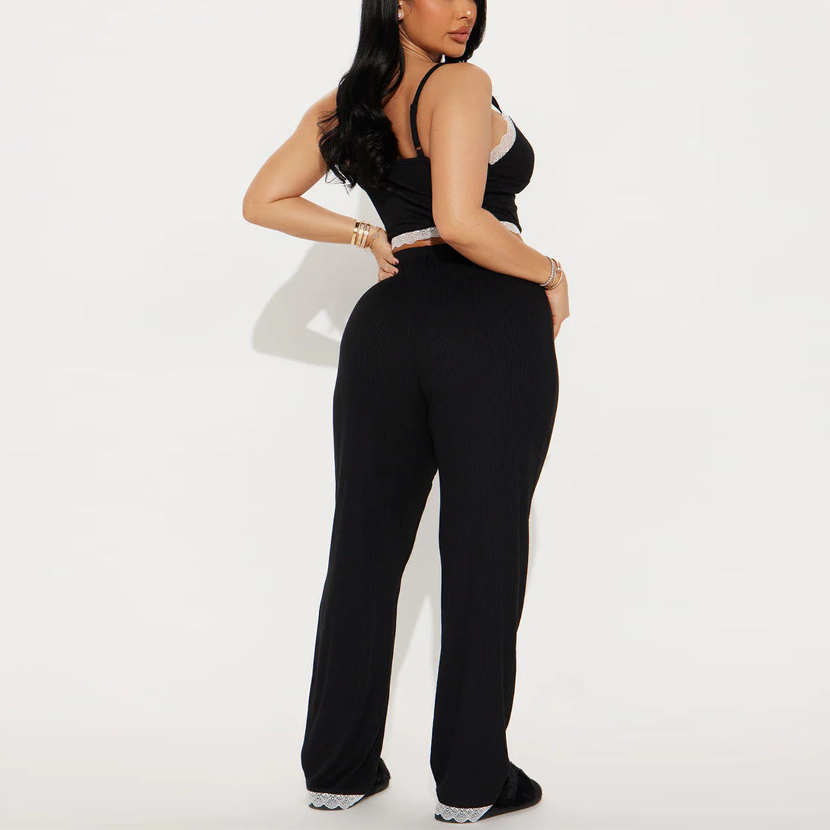 Women’s Black Lace Trim Cami Top and Long Pants Pajama Set – 2 Piece Loungewear