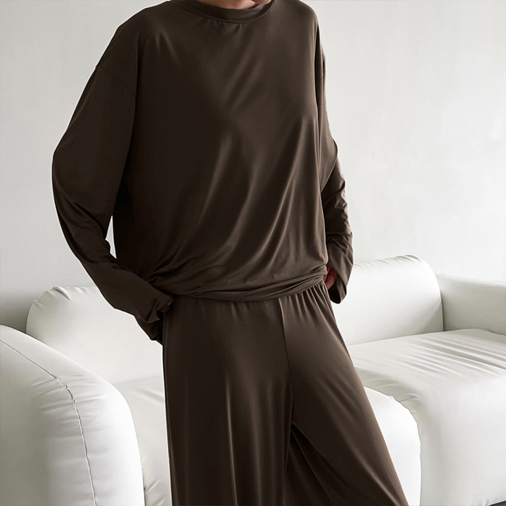 Women’s Coffee Color Long Sleeve Pajama Set – Minimalist Loungewear Two-Piece Outfit (Top + Pants)