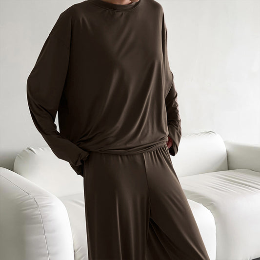 Women’s Coffee Color Long Sleeve Pajama Set – Minimalist Loungewear Two-Piece Outfit (Top + Pants)