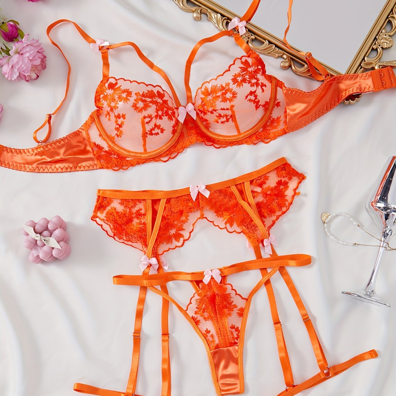 Orange Lace Lingerie 3-Piece Set – Bra, Thong & Garter Belt