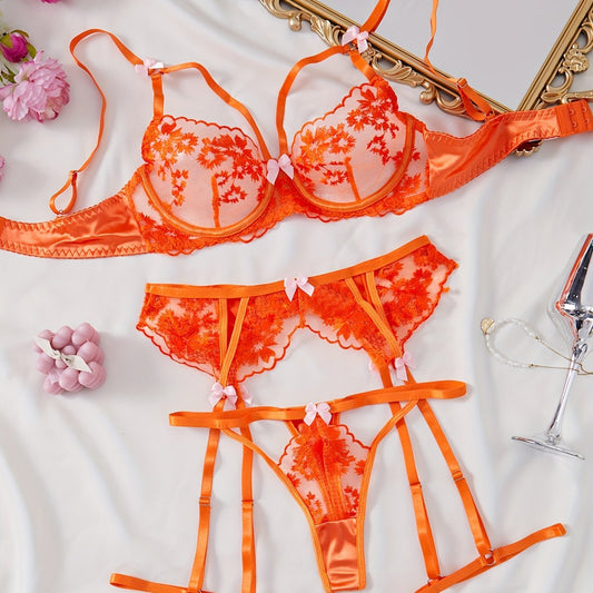 Orange Lace Lingerie 3-Piece Set – Bra, Thong & Garter Belt