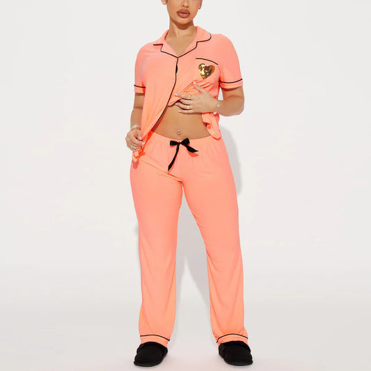 Women’s Orange Short Sleeve Pajama Set with Button Down Top and Long Pants
