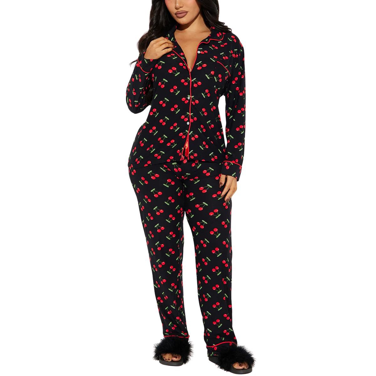 Women’s Black Cherry Print Pajama Set with Long Sleeve Button Down Top and Pants
