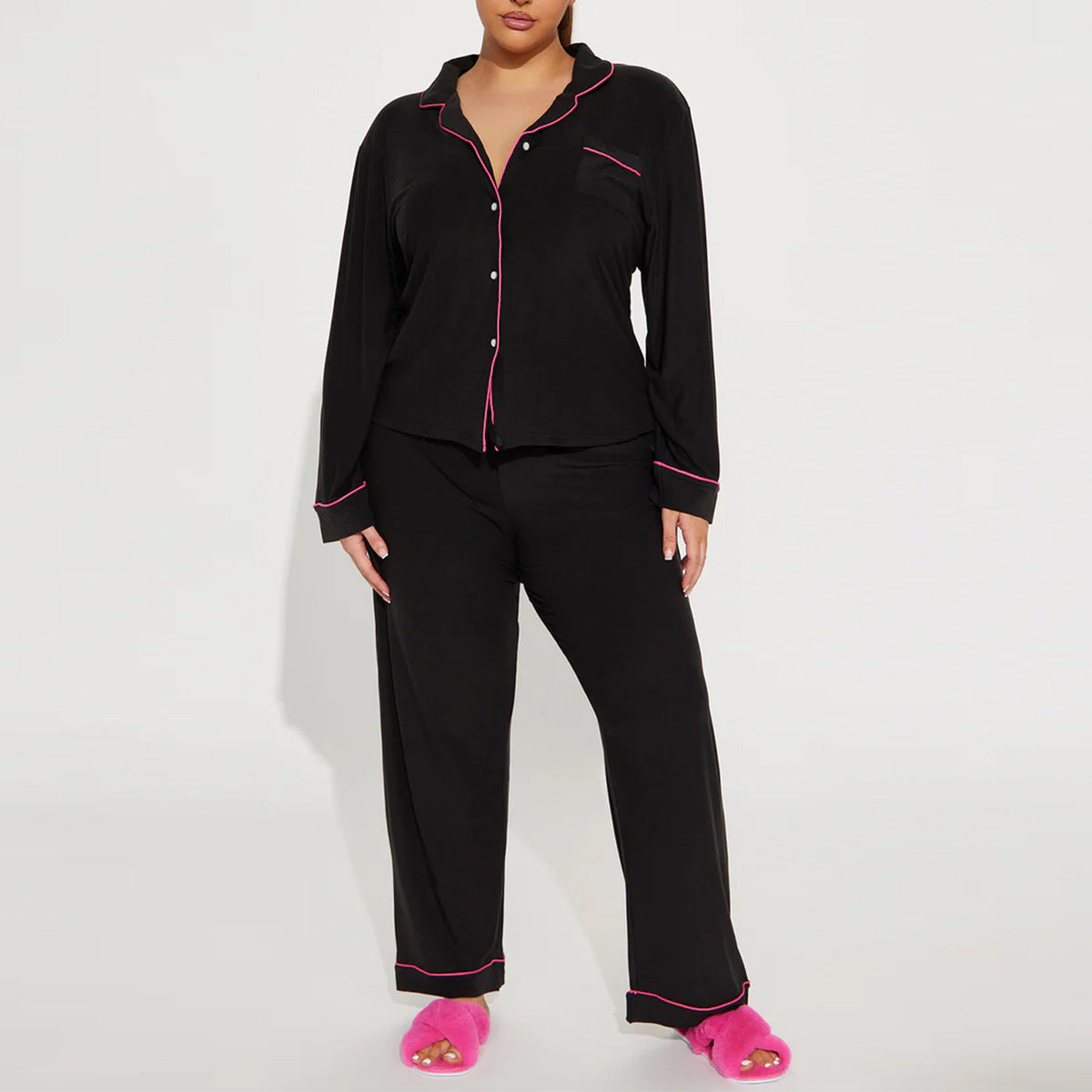 Women’s Black Long Sleeve Pajama Set – Two-Piece Loungewear Outfit with Contrast Piping