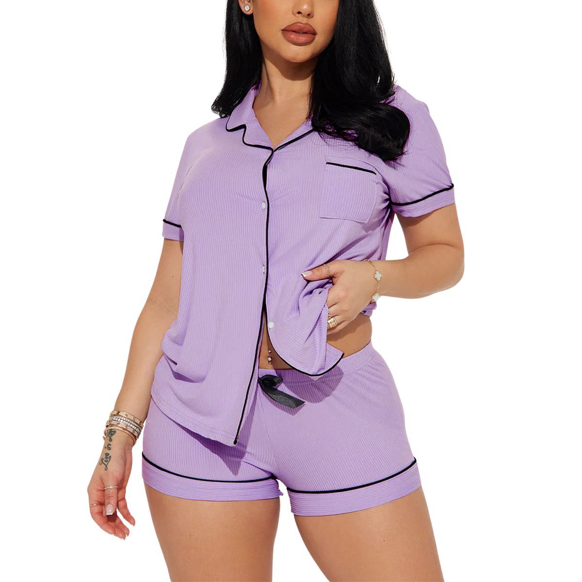 Women’s Purple Short Sleeve Pajama Set with Shorts – Summer Loungewear 2-Piece