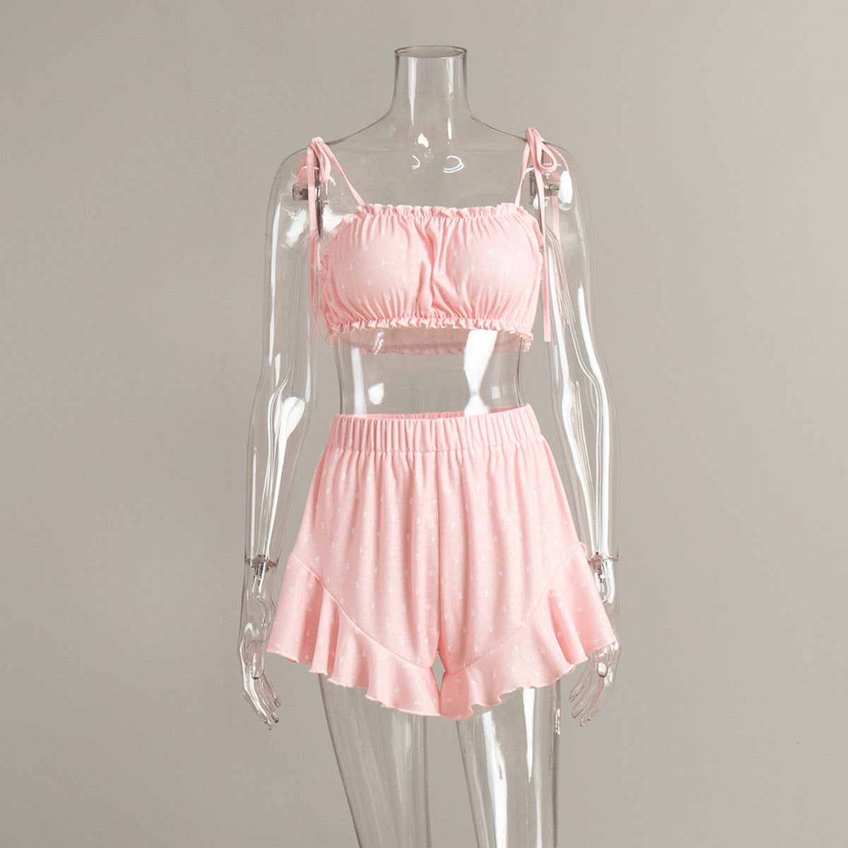 Women’s Pink Spaghetti Strap Pajama Set – Summer Loungewear Two-Piece Outfit (Crop Top + Ruffle Shorts)